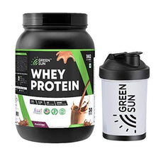 Load image into Gallery viewer, Green Sun Whey Protein with Shaker Front

