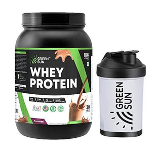 Green Sun Whey Protein with Free Protein Shaker | 1Kg | Tasty Chocolate | Sugar Free | Low Carb | Free Shaker | Pure Whey | Gold Standard | Digestive Enzymes | Enriched with BCAA |Certified GMP