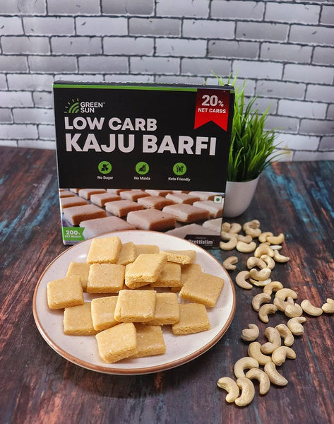 Green Sun Low Carb Kaju Barfi | 200 g | 2 g Net Carb Per Barfi | Keto Friendly| Sugar Free | Guilt Free Sweet | Tasty Diet Burfi | Desi Ghee |Fresh Cashews | Kaju Katli | Healthy | Super Foods | Low Calorie | High Protein | Low GI | Gift Box