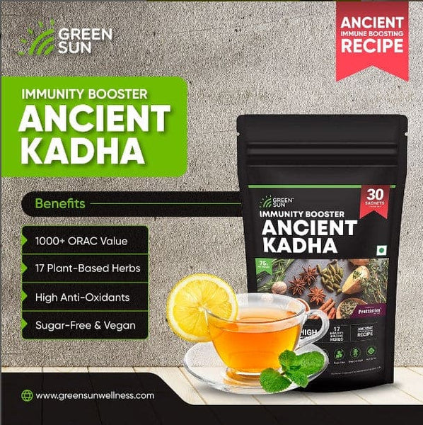 GREEN SUN Immunity Booster Ancient Kadha | Kada | Powder | 30 Instant Mix Sachets | Ayush Recommended Herbal Kwath| Immune Boosting Shots | +1000 ORAC Value