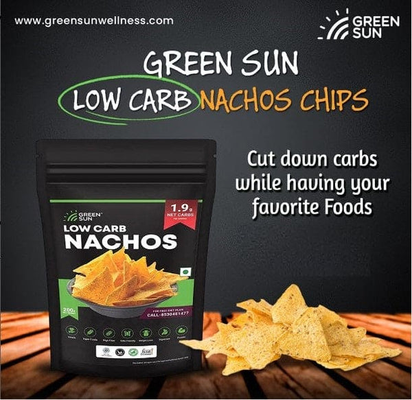 Green Sun Low Carb Nachos Chips | 200 Grams | Healthy | Mexican | Tortilla | Peri Peri | Keto Friendly | Tasty Savoury Snack | Low Calorie | Sugar Free | High Protein | Low GI | Super Foods | High Fiber