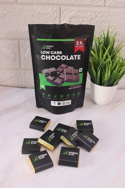 Green Sun Low Carb Chocolate | 100 g | 2.9 g Net Carb Per Chocolate | Keto Friendly| Sugar Free | Natural Sweetener Stevia | Guilt Free Sweet | Diet Food| Healthy Product | Super Foods | Low Calorie | High Protein | Gift Box