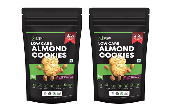 Green Sun Low Carb Almond Cookies 200 Gm 0.5 g Net Carb Per Cookie Keto Friendly Sugar Free Natural Sweetener Stevia ealthy High Fiber Super Foods Crispy Tasty Low Calorie High Protein  Low GI Baked pack of 2