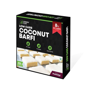 Green Sun Low Carb Coconut Barfi 200 g 0.8 g Net Carb Per Barfi Keto Friendly Sugar Free Guilt Free Sweet Tasty Diet Burfi Desi Ghee Fresh Coconut Nariyal Burfi Healthy Super Foods Low Calorie High Protein Low Gl Gift Box