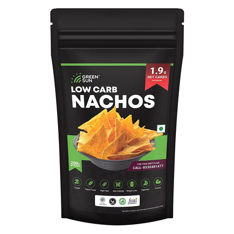 Green Sun Low Carb Nachos Chips 200 Grams Healthy Mexican Tortilla Peri Peri Keto Friendly Tasty Savoury Snack Low Calorie Sugar Free High Protein Low GI Super Foods High Fiber 
