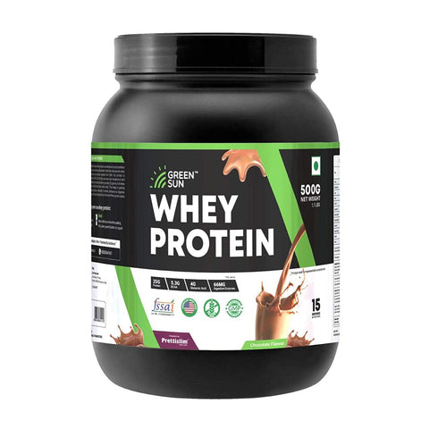 Green Sun Whey Protein Powder | 500 G | 25 Gm Protein Per Serving |Tasty Chocolate| Sugar Free | Low Carb | Pure Whey | Gold Standard | Added Digestive Enzymes | Enriched with BCAA | Healthy | Diet Friendly | Gluten Free | Certified GMP | Dope Free